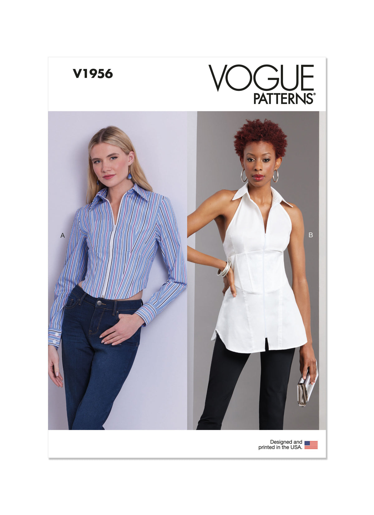Vogue Patterns V1956 envelope showing the close-fitting tops with corset waist detail