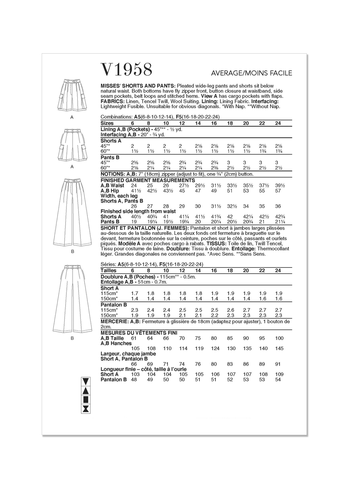 Vogue Patterns V1958 envelope showing the wide-leg trousers designs
