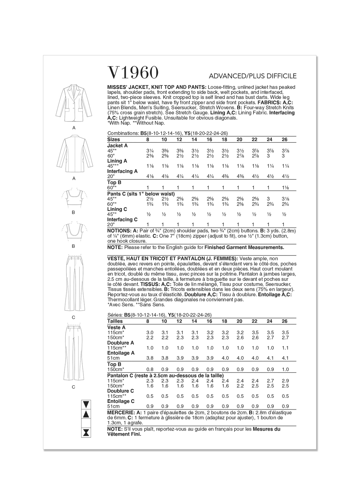Vogue Patterns V1960 envelope showing the peaked lapel jacket designs
