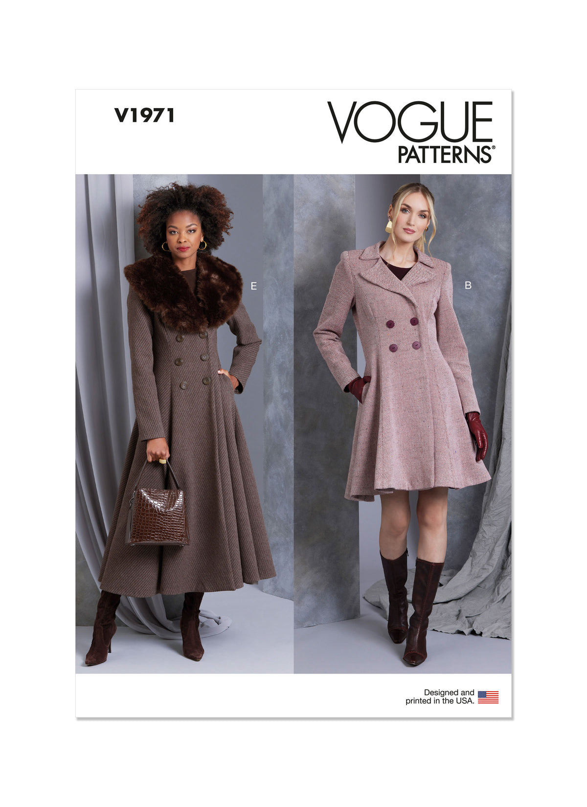 Vogue Patterns V1971 envelope showing the double-breasted coat designs