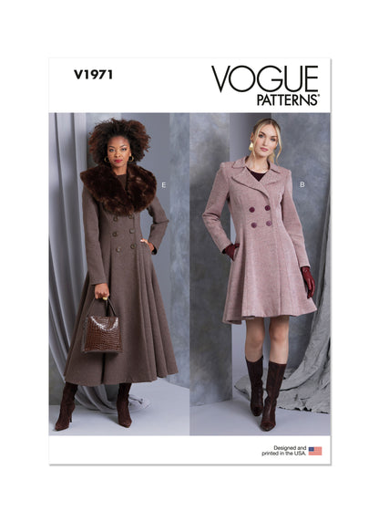 Vogue Patterns V1971 envelope showing the double-breasted coat designs