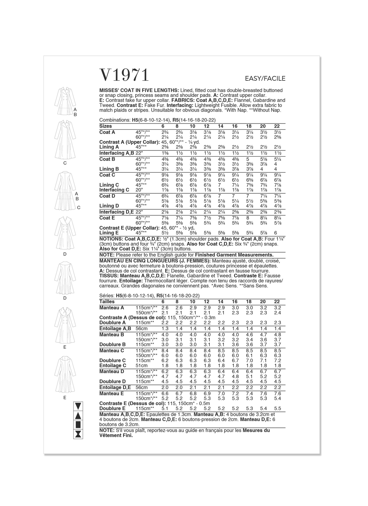 Vogue Patterns V1971 envelope showing the double-breasted coat designs