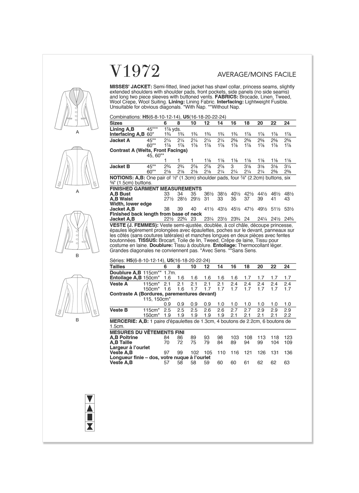 Vogue Patterns V1972 envelope showing the shawl collar jacket designs
