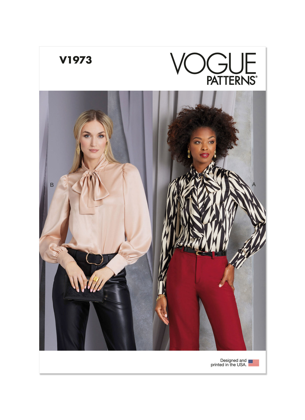 Vogue Patterns V1973 envelope showing the tie neck blouse designs