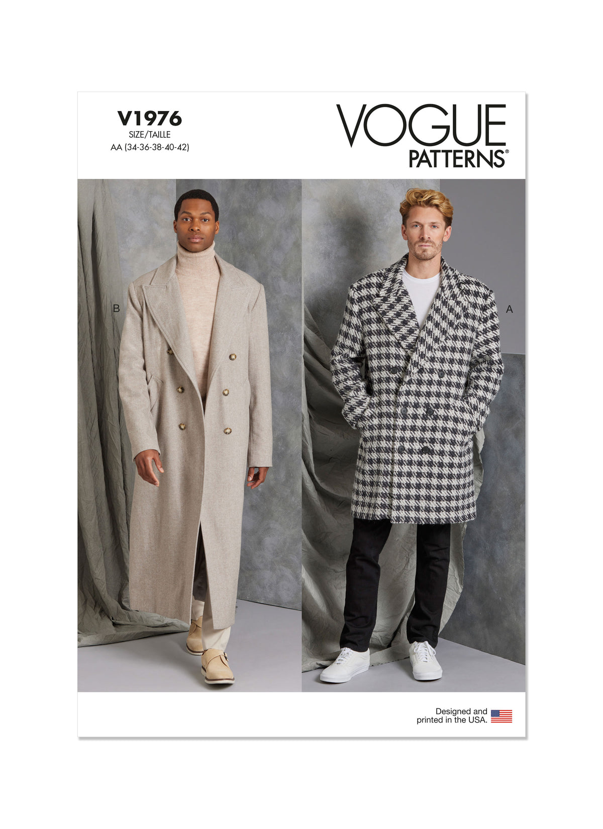 Vogue Patterns V1976 envelope showing the men's peak lapel coat designs