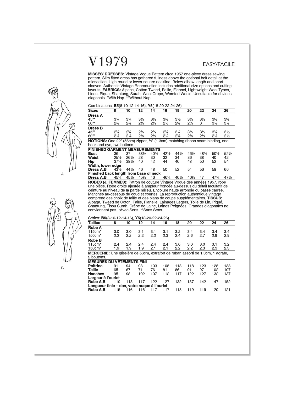 Vogue Patterns V1979 envelope showing vintage 1957 one-piece dress designs