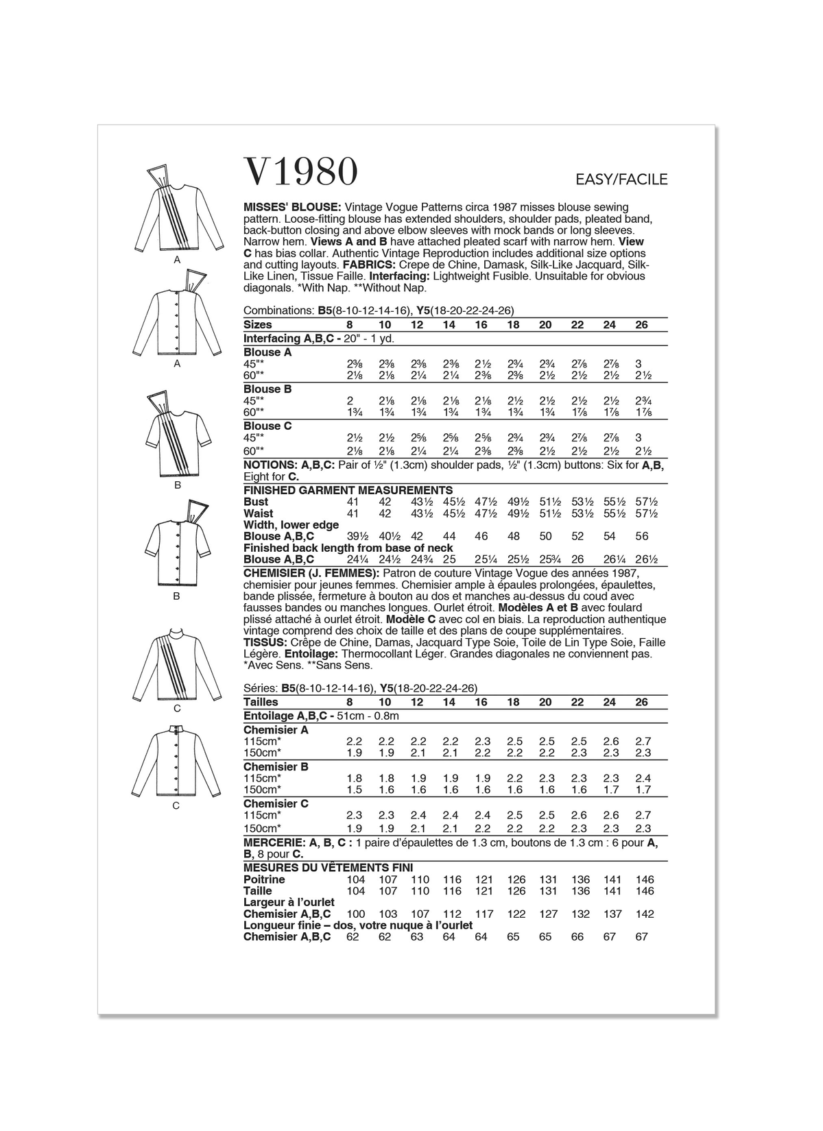 Vogue Patterns V1980 envelope showing vintage 1987 blouse designs