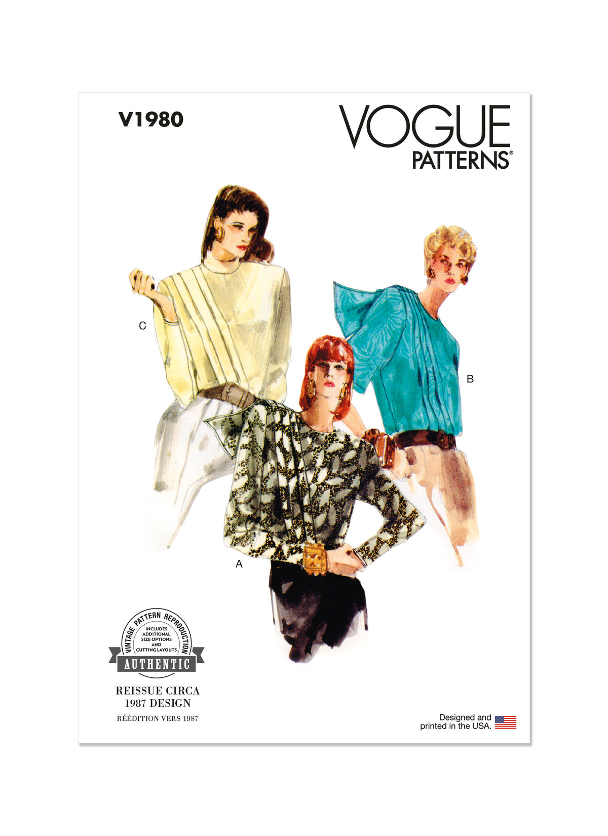 Vogue Patterns V1980 envelope showing vintage 1987 blouse designs