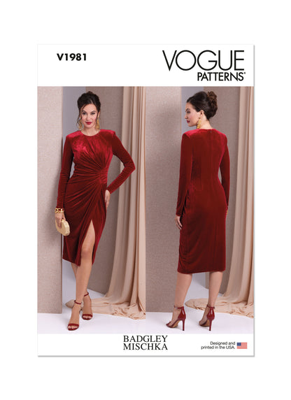 Vogue Patterns V1981 envelope showing ruched lined dress designs