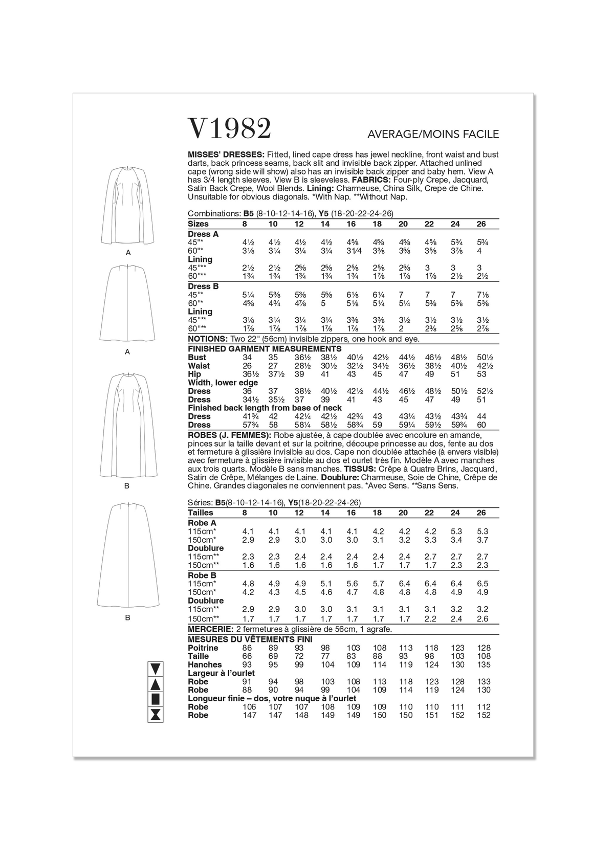 Vogue Patterns V1982 envelope showing lined cape dress designs
