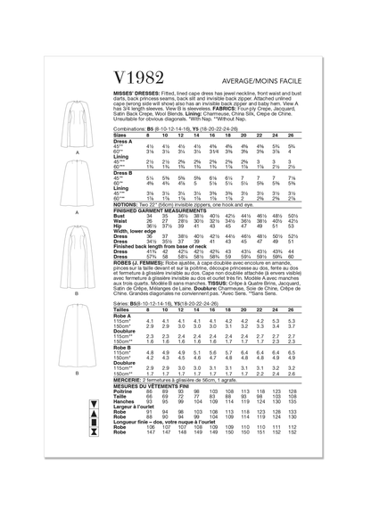 Vogue Patterns V1982 envelope showing lined cape dress designs