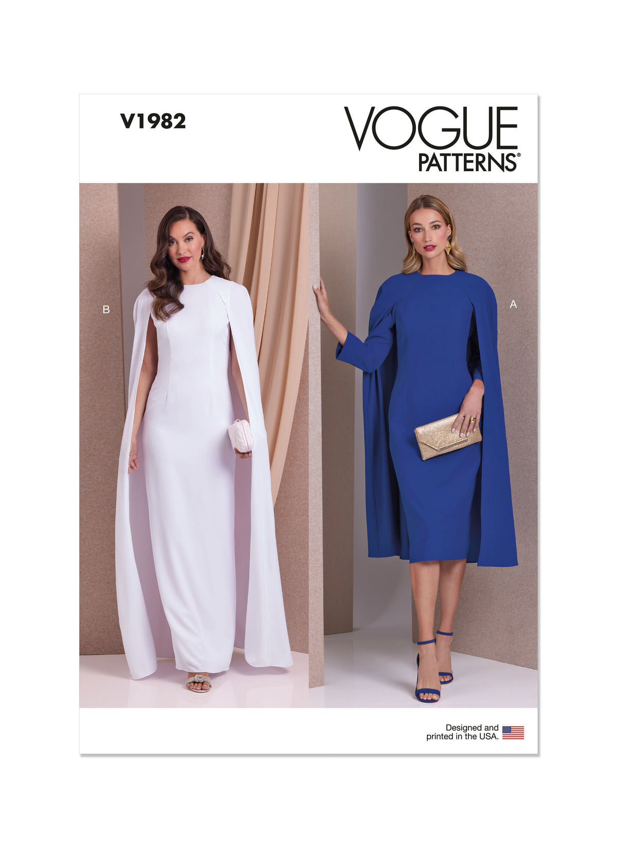 Vogue Patterns V1982 envelope showing lined cape dress designs