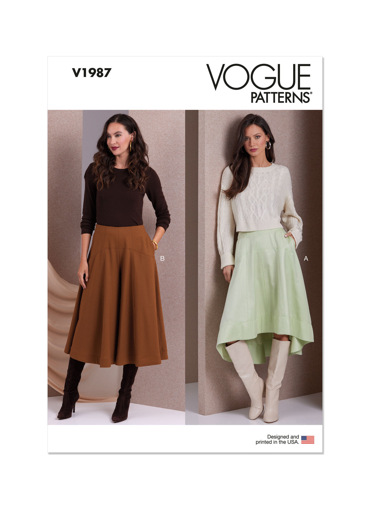 Vogue Patterns V1987 envelope showing skirt and culottes designs