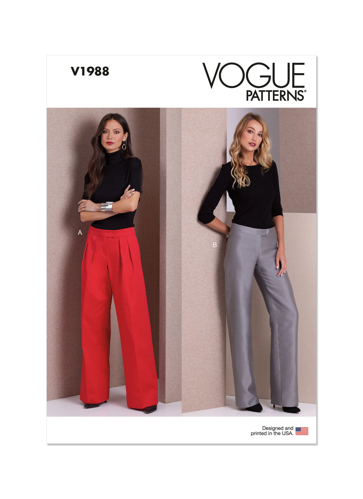 Vogue Patterns V1988 envelope showing low rise wide leg trousers designs