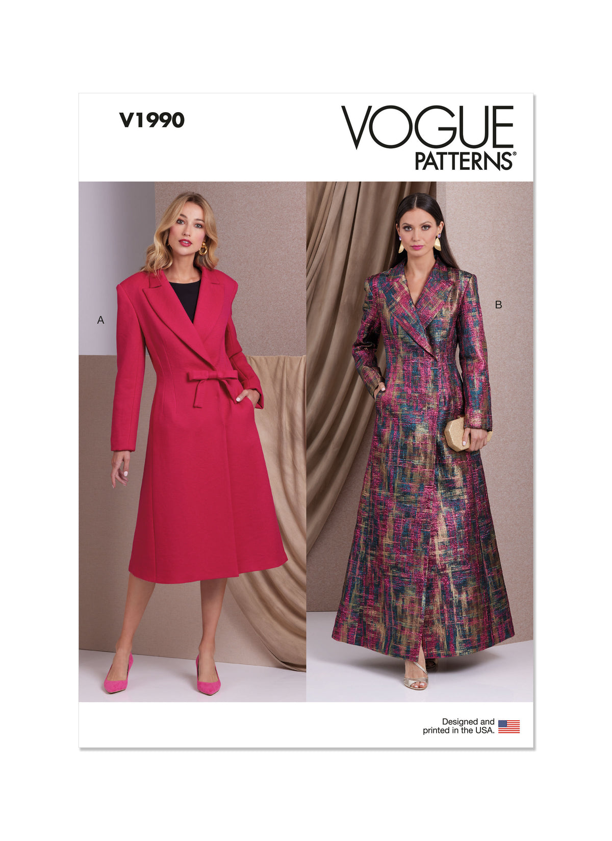 Vogue Patterns V1990 envelope showing lined coat designs