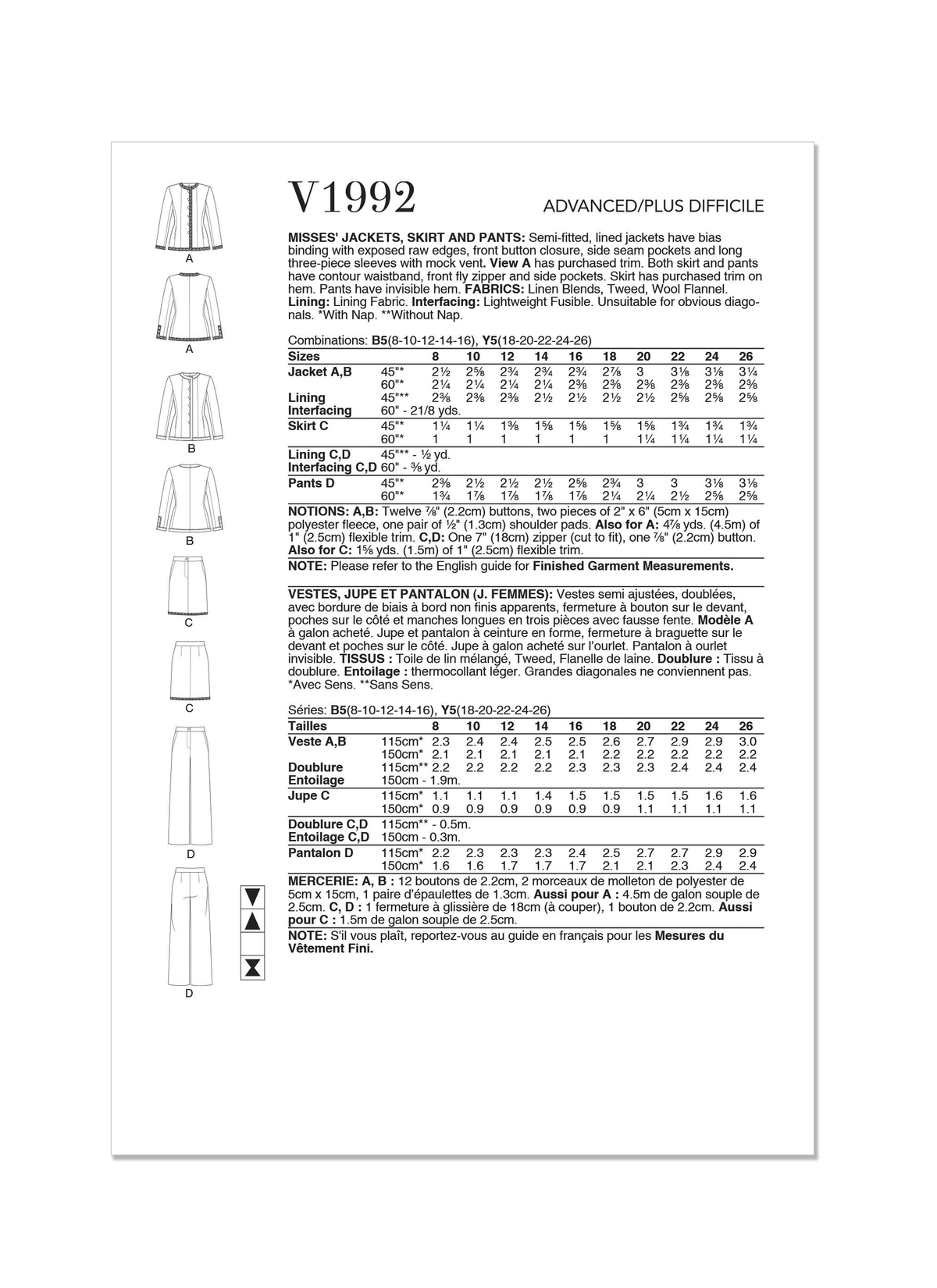 Vogue Patterns V1992 envelope showing semi-fitted lined jacket designs