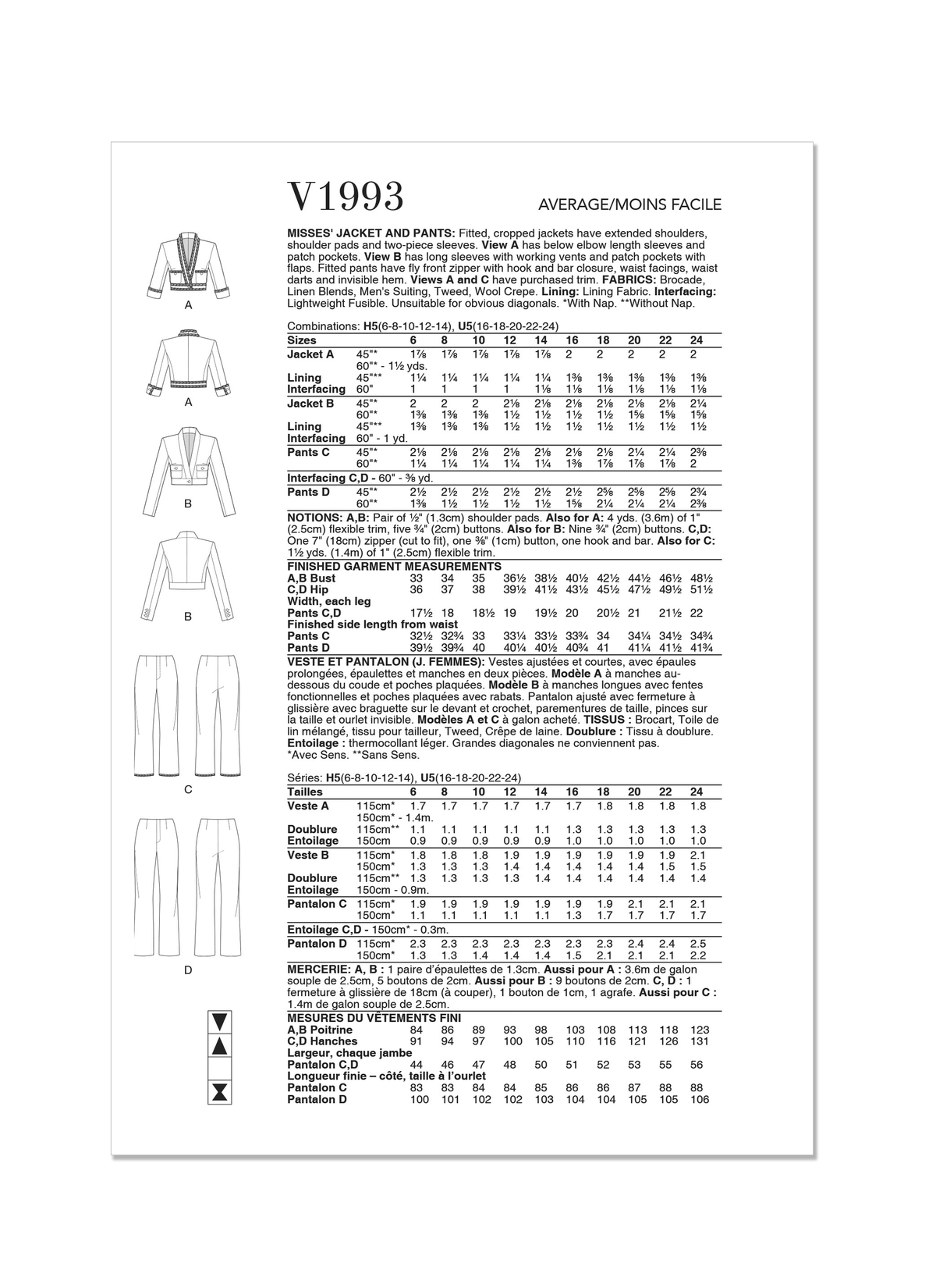 Vogue Patterns V1993 envelope showing fitted cropped jacket designs