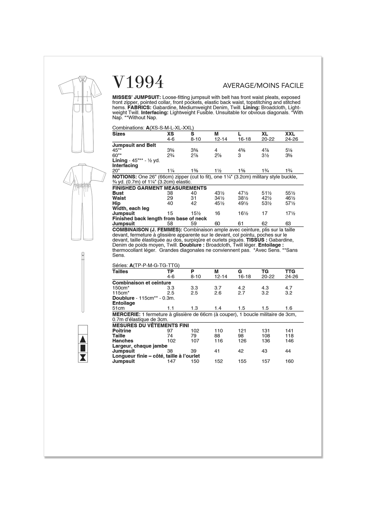 Vogue Patterns V1994 envelope showing jumpsuit with belt designs