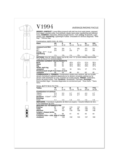 Vogue Patterns V1994 envelope showing jumpsuit with belt designs