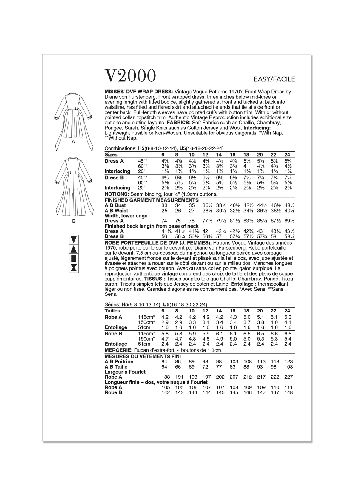 Vogue Patterns V2000 envelope showing vintage 1970s diane von furstenberg wrap dress designs