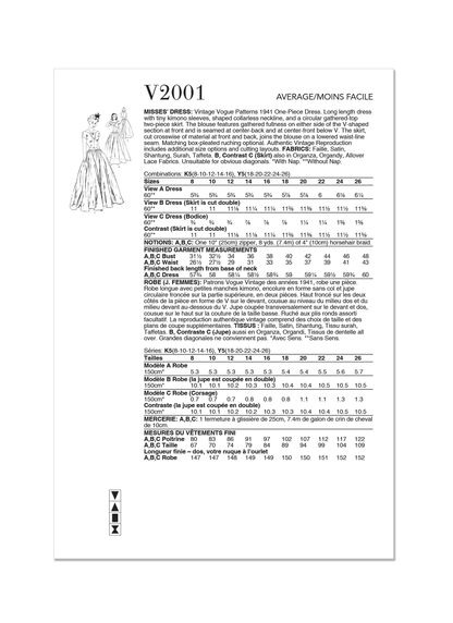 Vogue Patterns V2001 envelope showing vintage 1941 one-piece dress designs