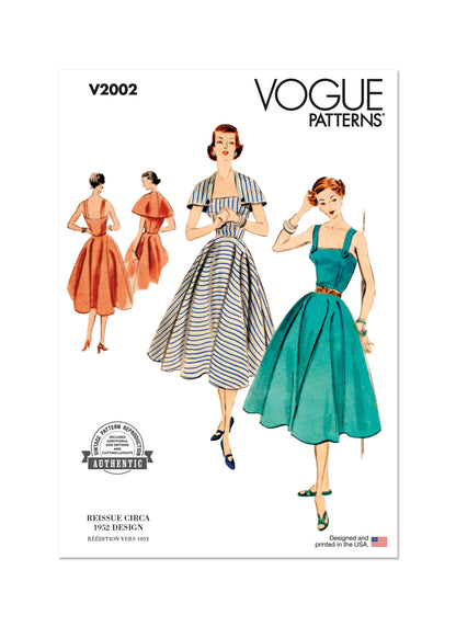 Vogue Patterns V2002 envelope showing vintage 1952 dress and capelet designs