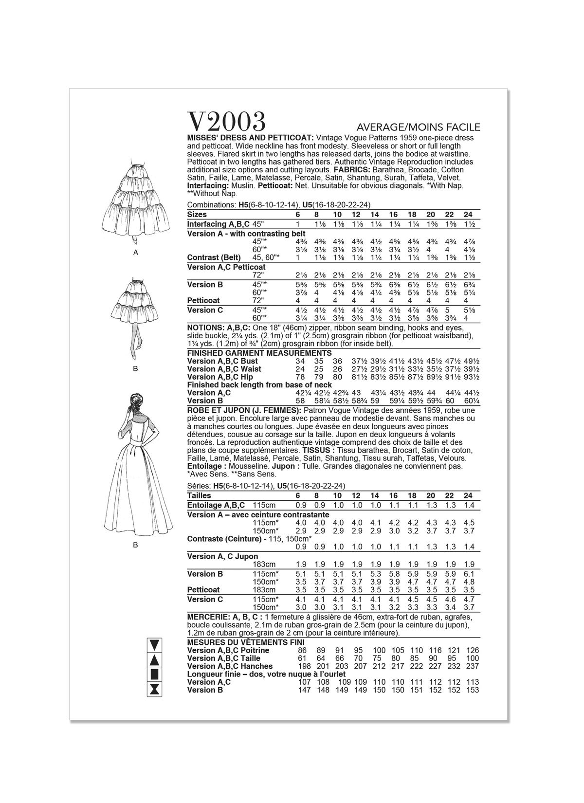 Vogue Patterns V2003 envelope showing vintage 1959 dress and petticoat designs