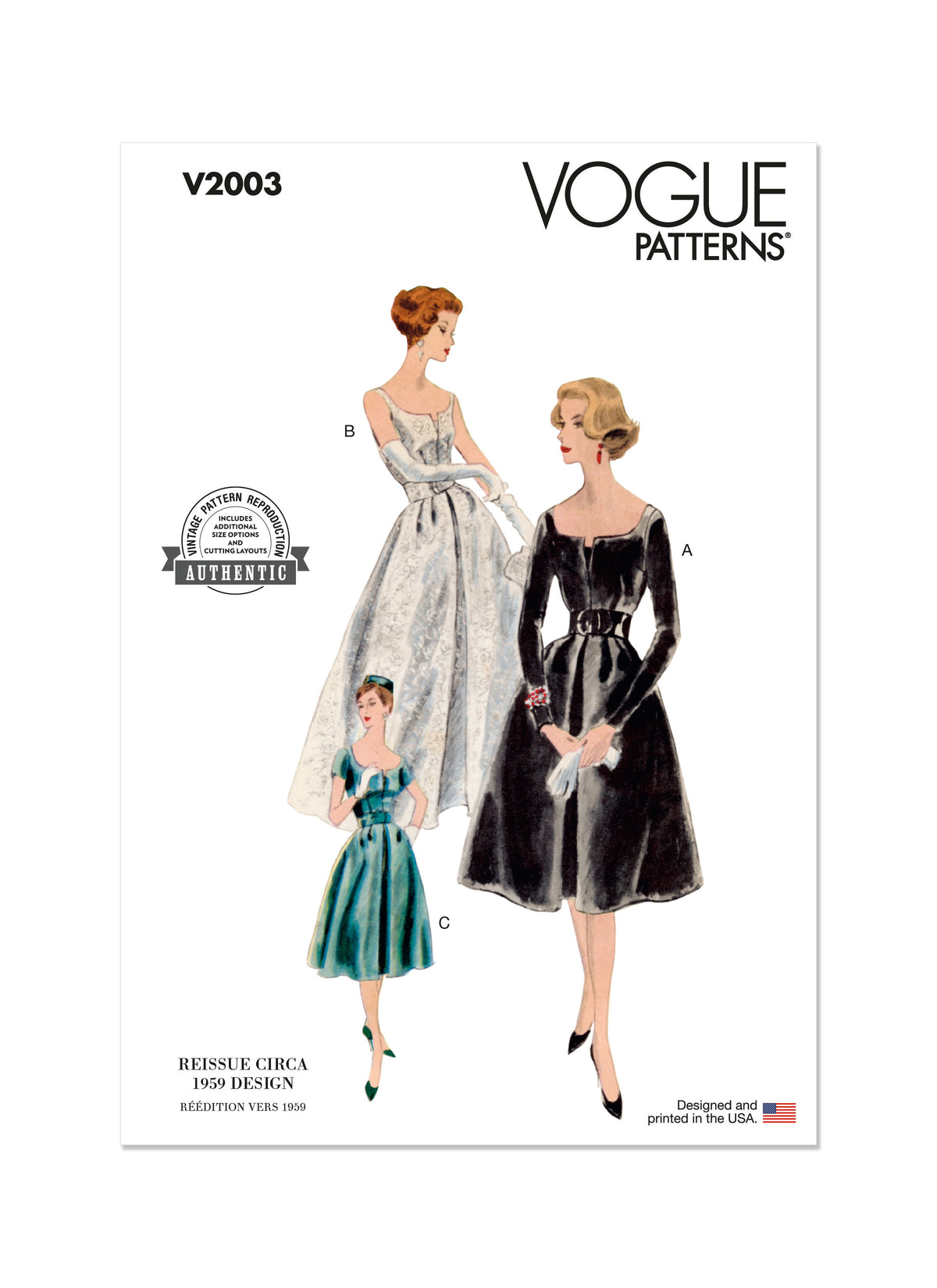Vogue Patterns V2003 envelope showing vintage 1959 dress and petticoat designs