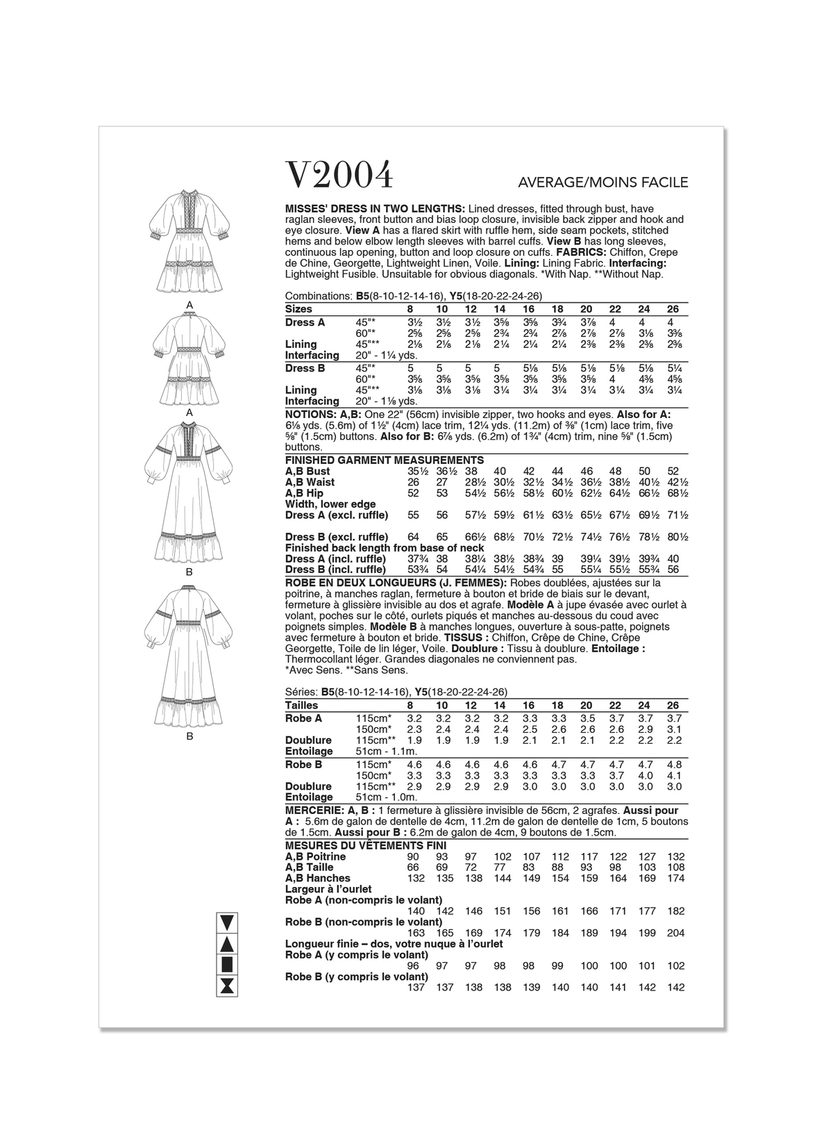 Vogue Patterns V2004 envelope showing lined dress with raglan sleeves designs