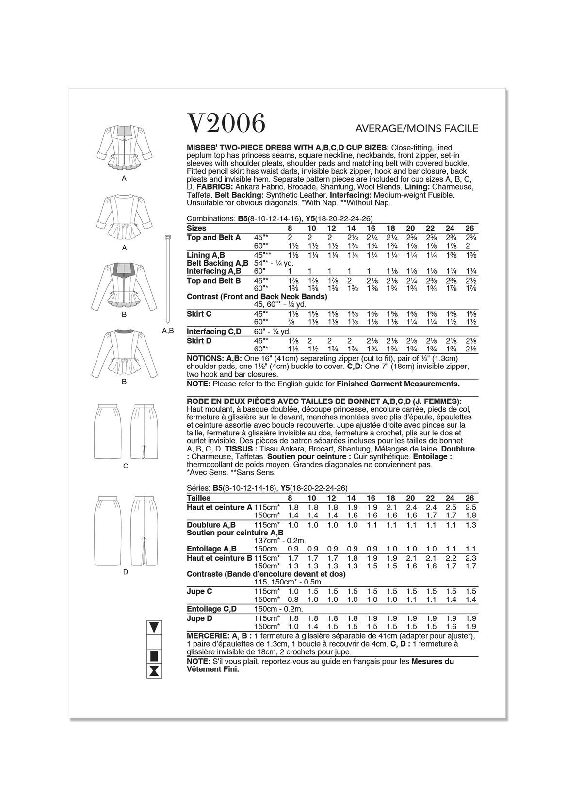 Vogue Patterns V2006 envelope showing lined peplum top designs