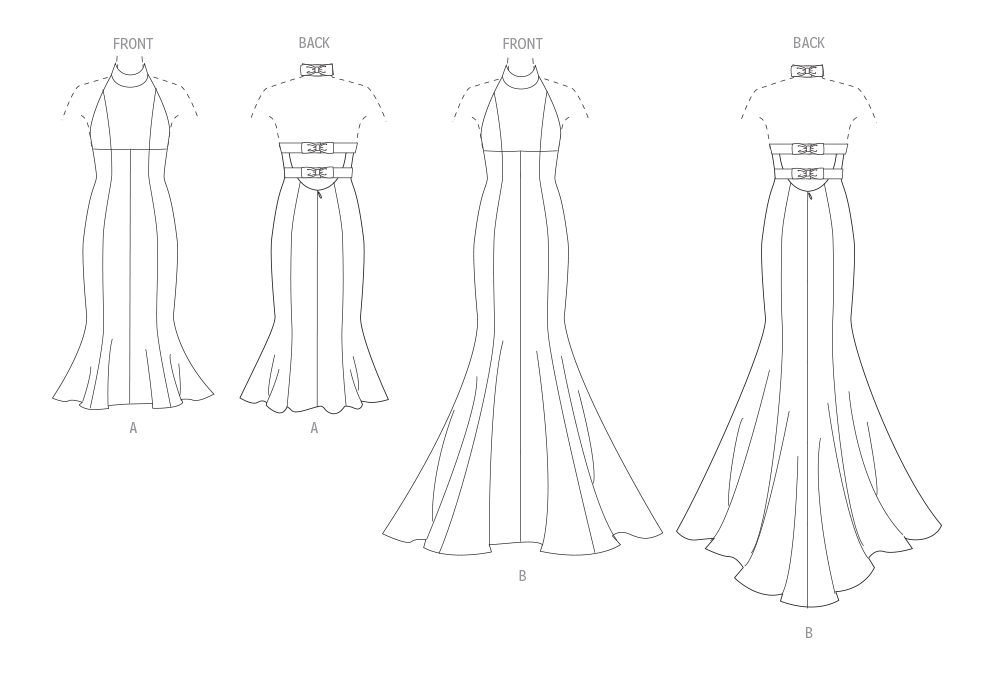 Vogue Patterns V2010 envelope showing open back trumpet dress designs