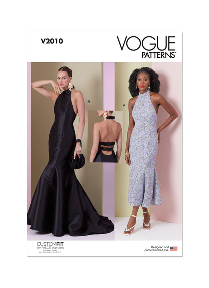 Vogue Patterns V2010 envelope showing open back trumpet dress designs