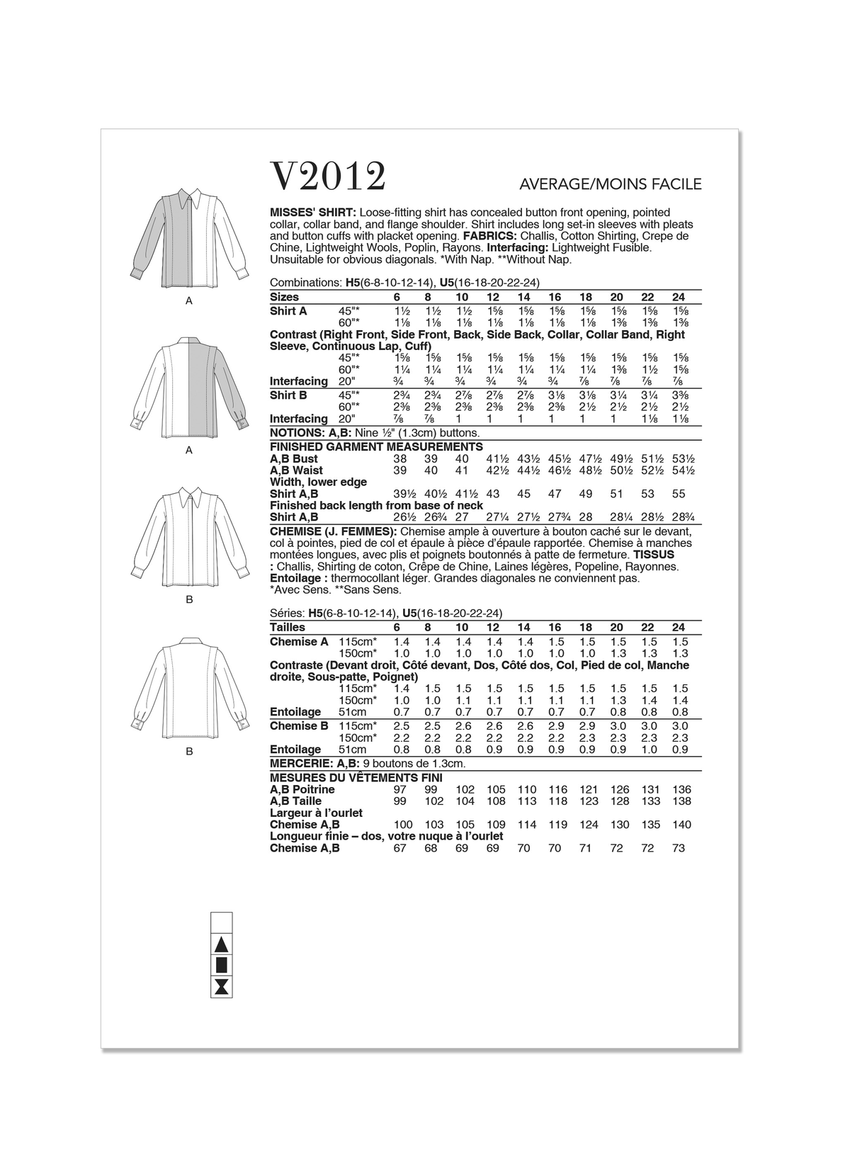 Vogue Patterns V2012 envelope showing loose-fitting shirt designs