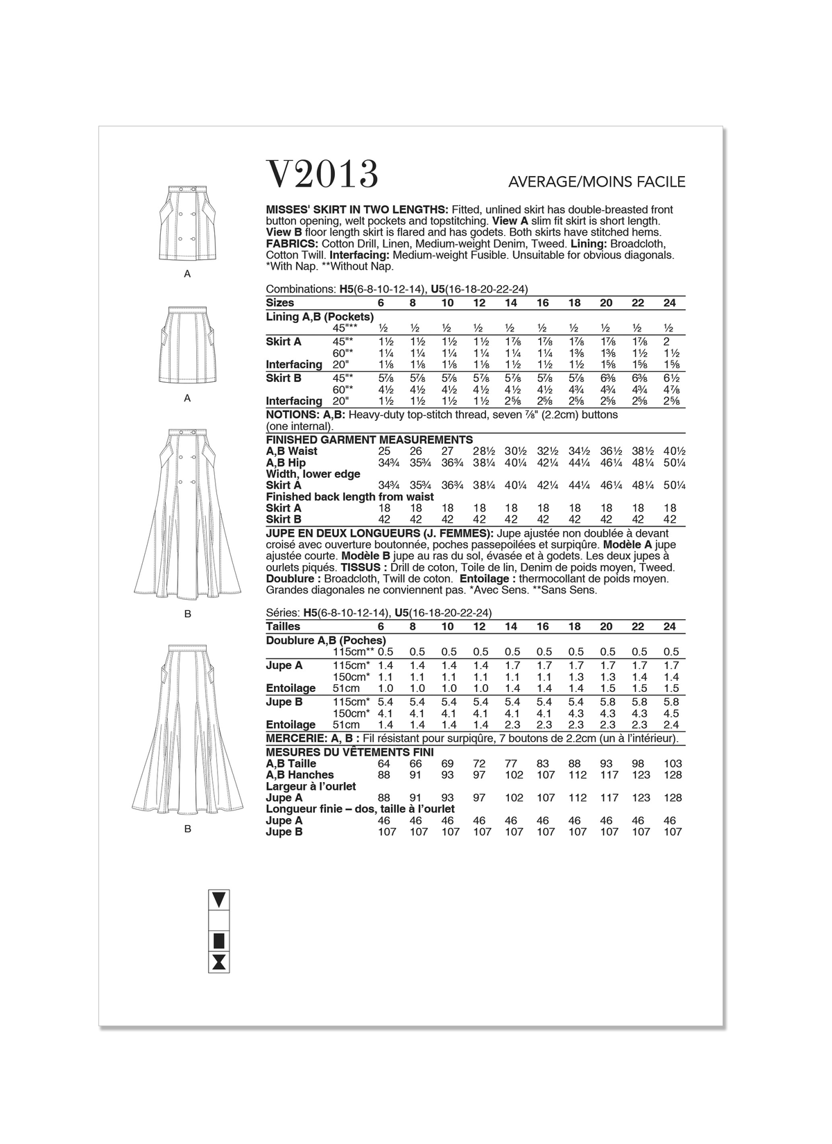 Vogue Patterns V2013 envelope showing double-breasted skirt designs