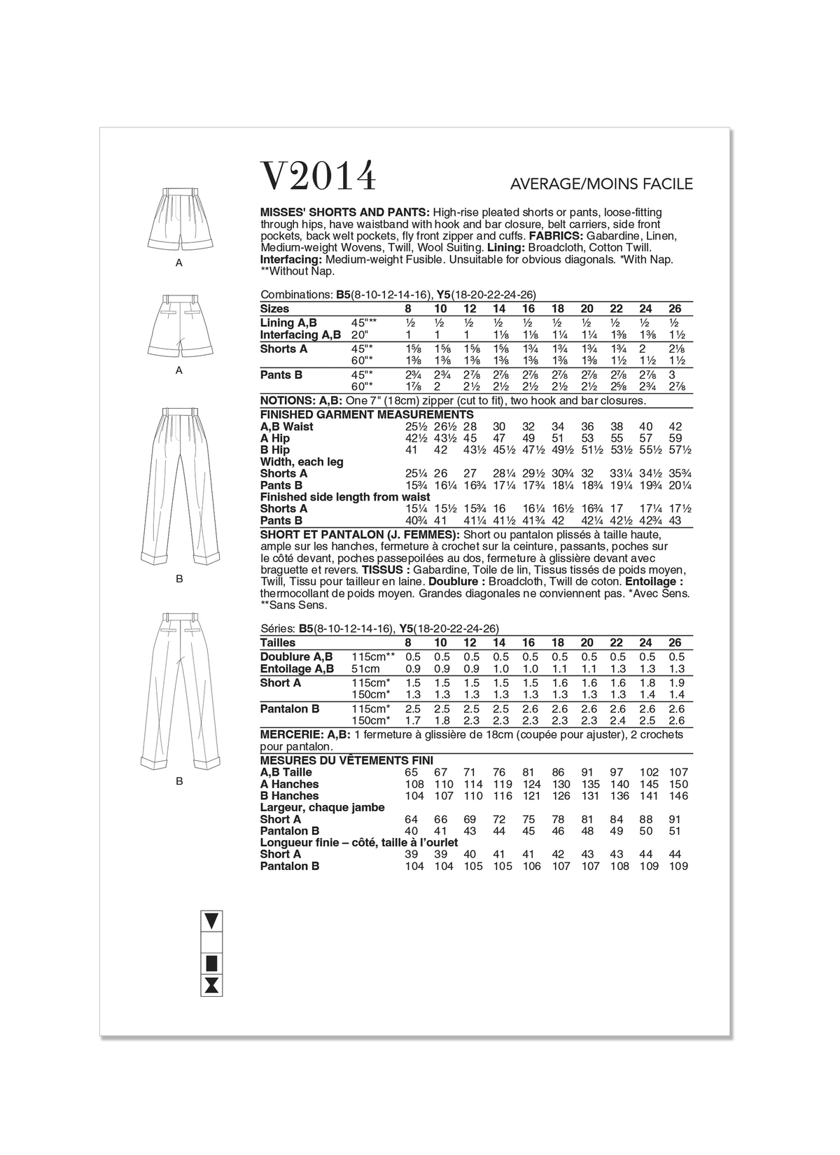 Vogue Patterns V2014 envelope showing pleated shorts and trousers designs