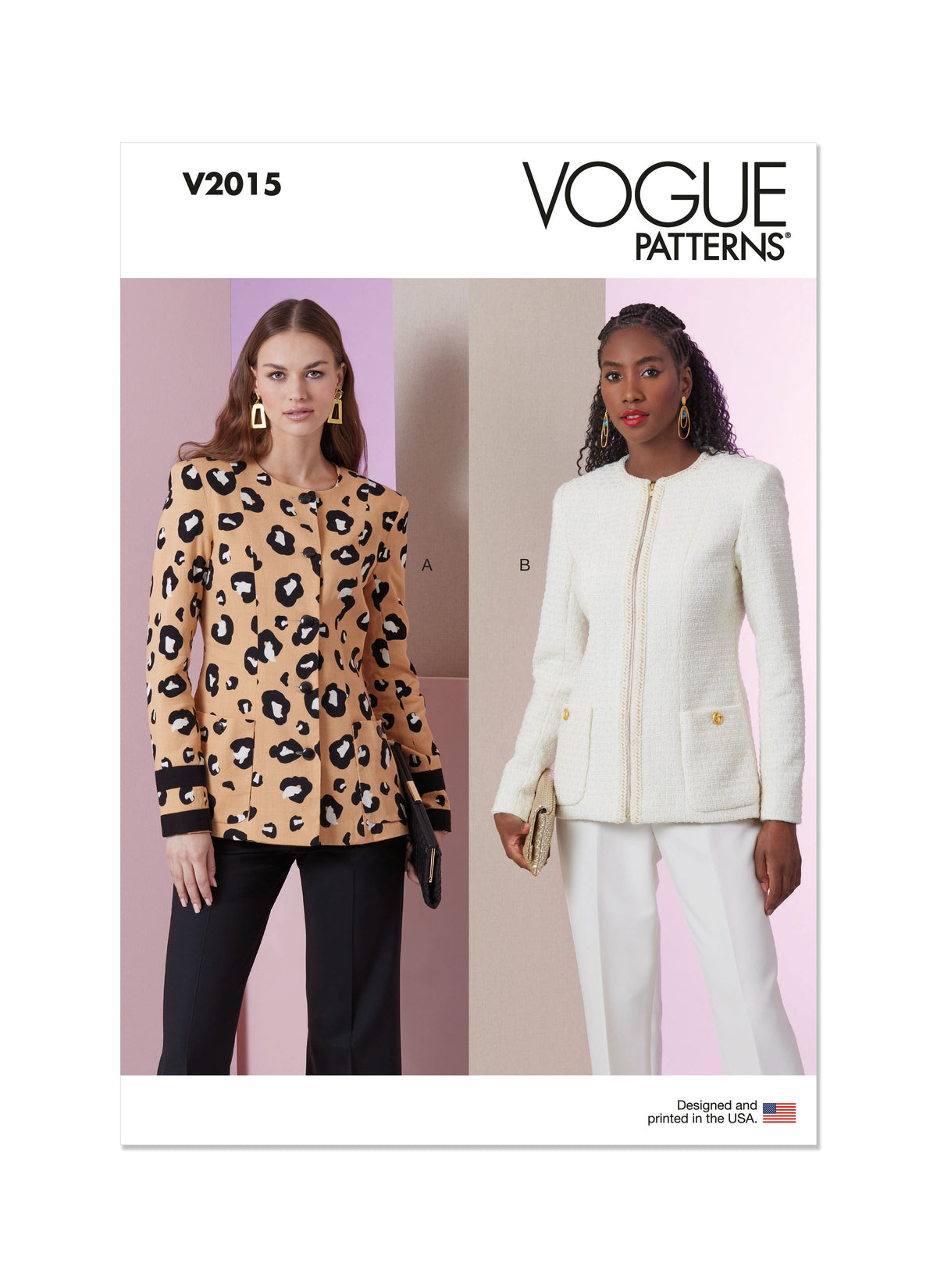 Vogue Patterns V2015 envelope showing collarless jacket designs