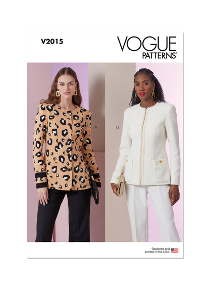 Vogue Patterns V2015 envelope showing collarless jacket designs