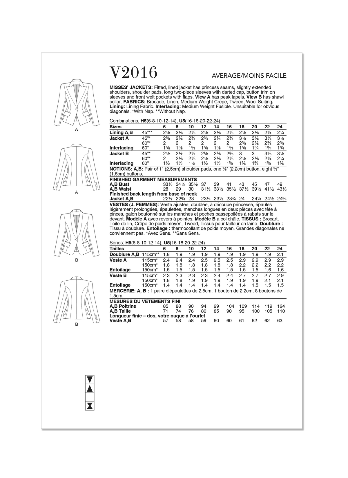 Vogue Patterns V2016 envelope showing fitted lined jacket designs