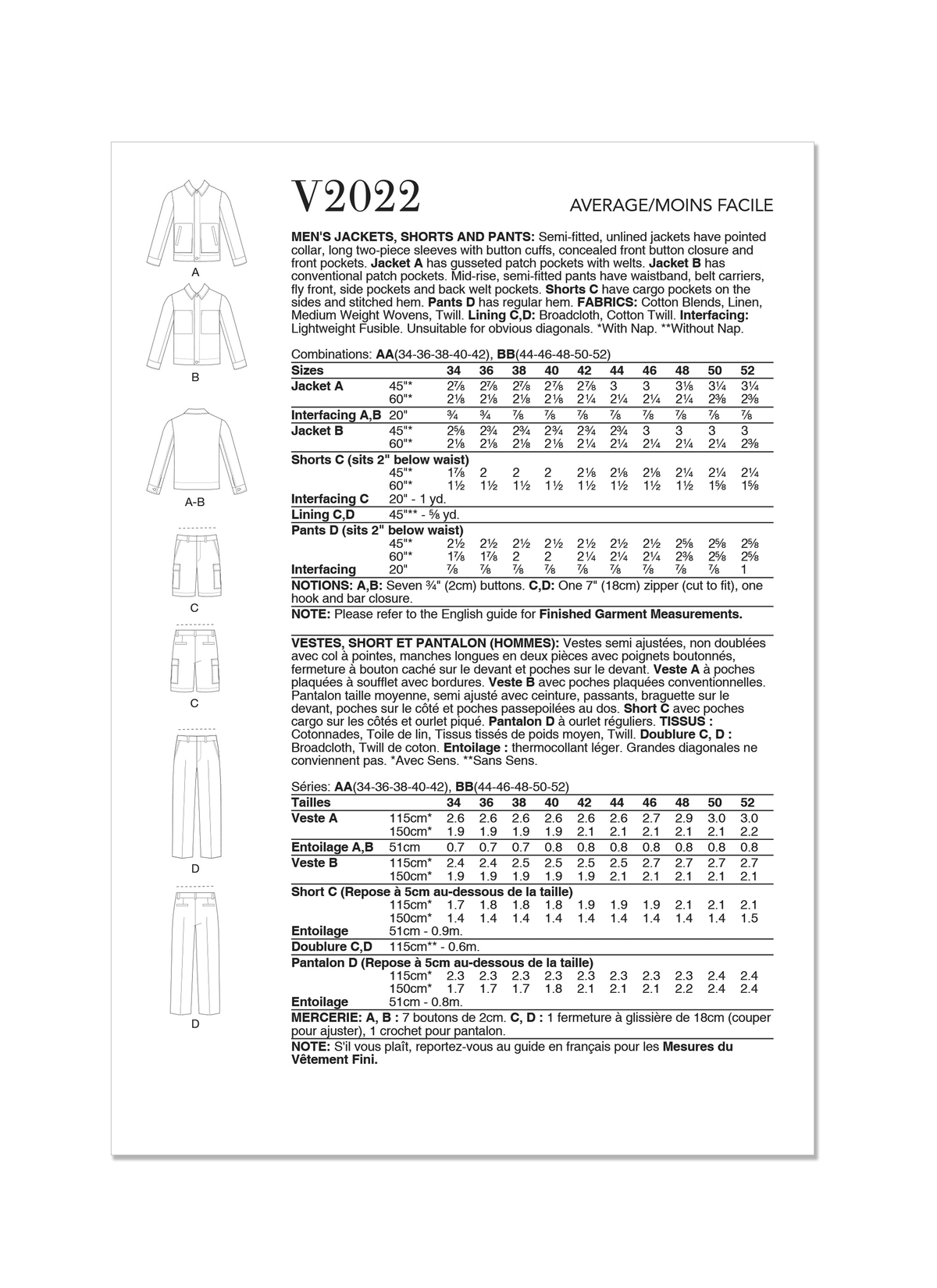 Vogue Patterns V2022 envelope showing mens unlined jacket designs