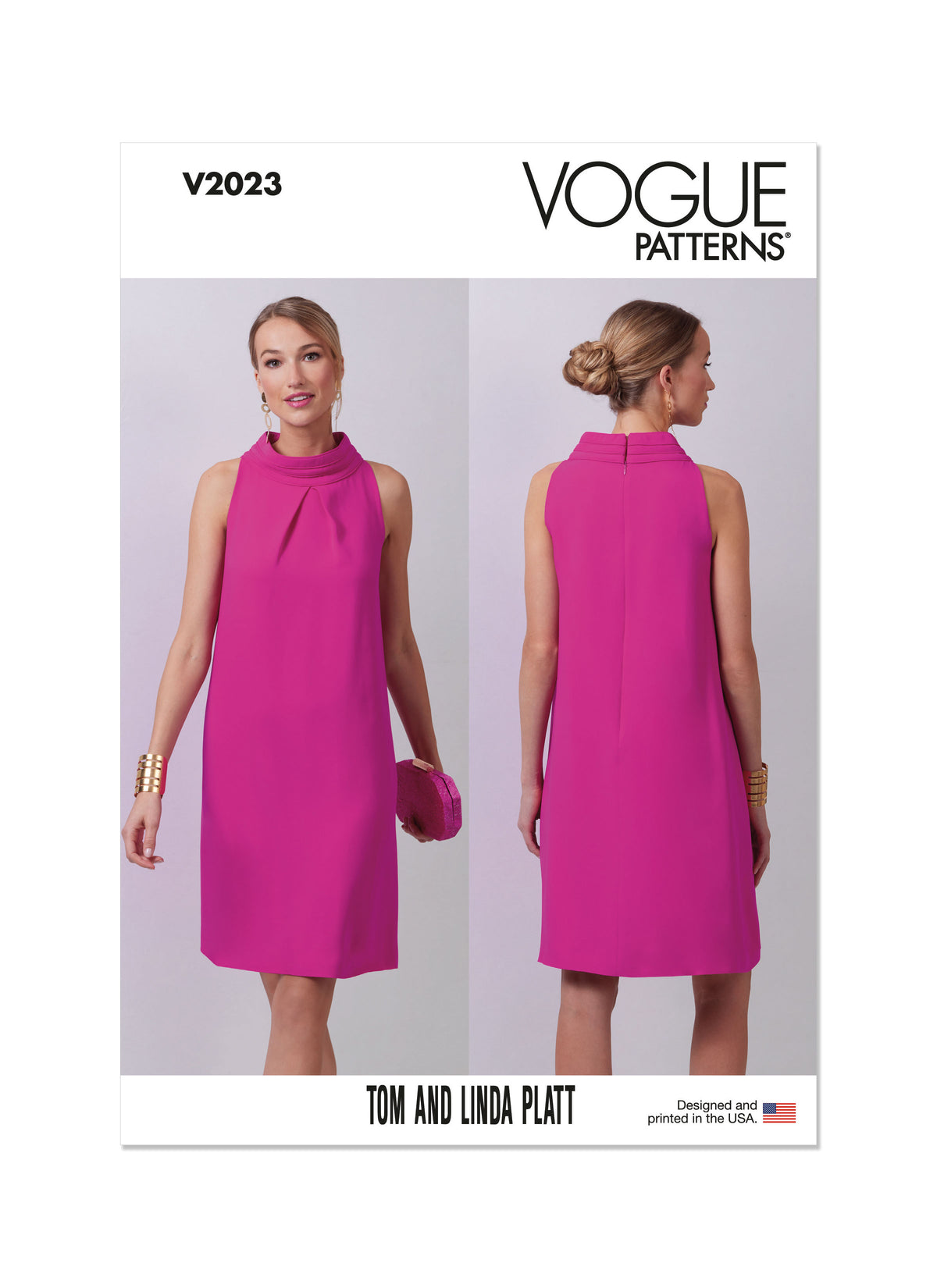 Vogue Patterns V2023 envelope showing stand collar dress designs