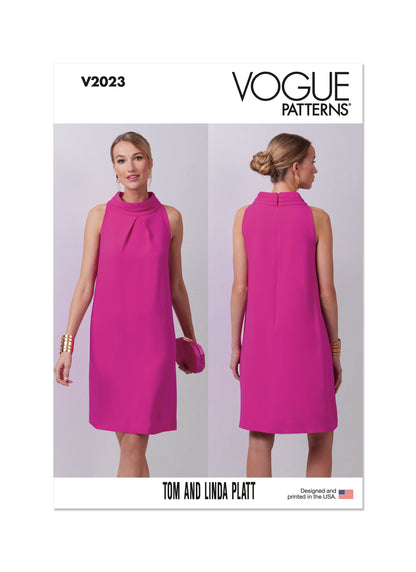 Vogue Patterns V2023 envelope showing stand collar dress designs