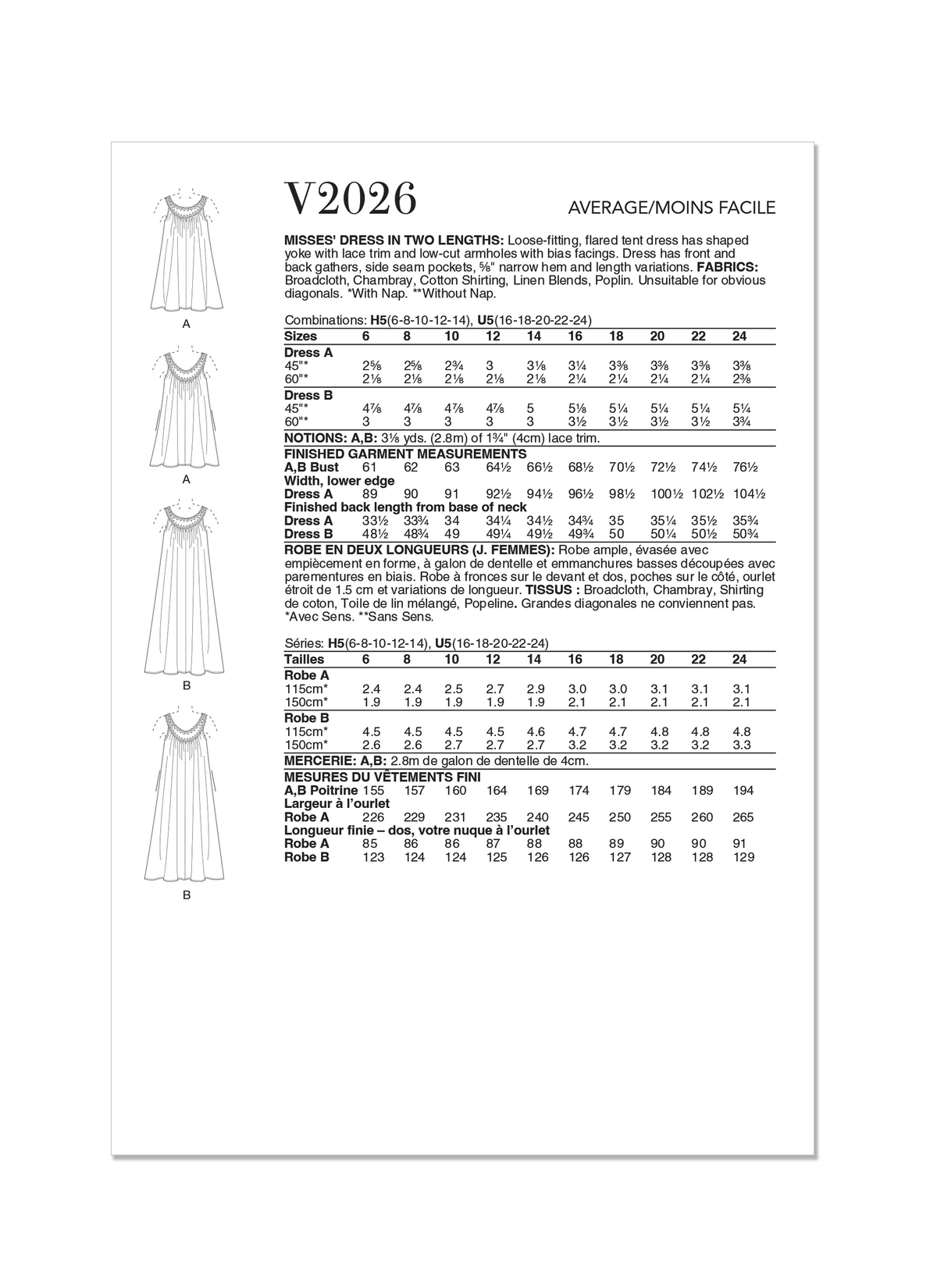 Vogue Patterns V2026 envelope showing tent dress designs