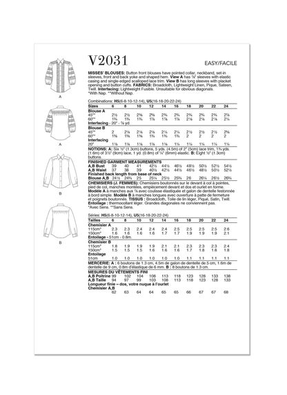 Vogue Patterns V2031 button front blouse sewing pattern envelope