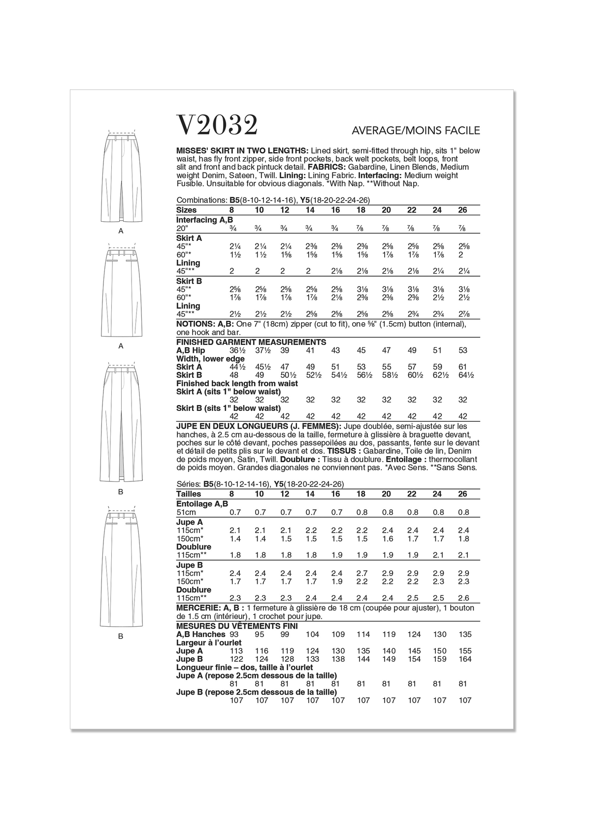 Vogue Patterns V2032 lined skirt sewing pattern envelope