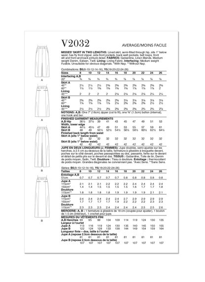 Vogue Patterns V2032 lined skirt sewing pattern envelope