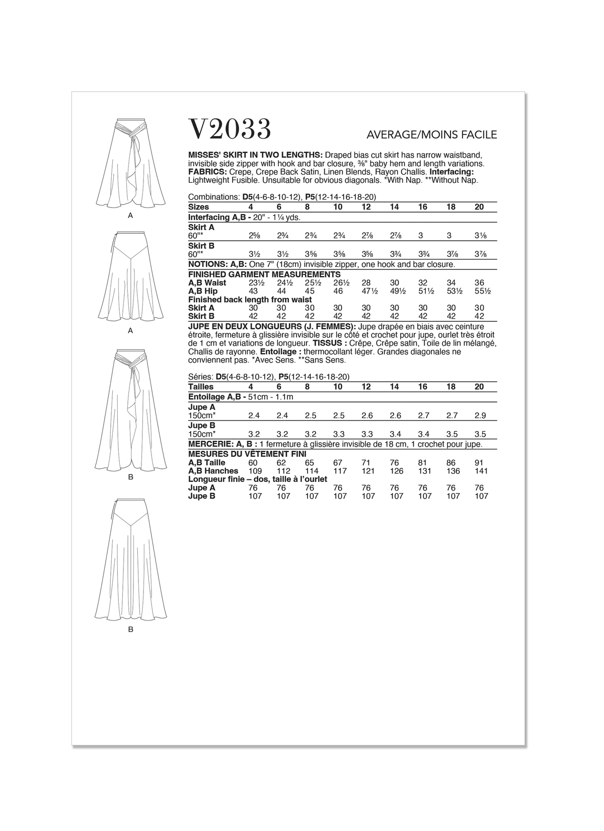 Vogue Patterns V2033 bias cut skirt sewing pattern envelope