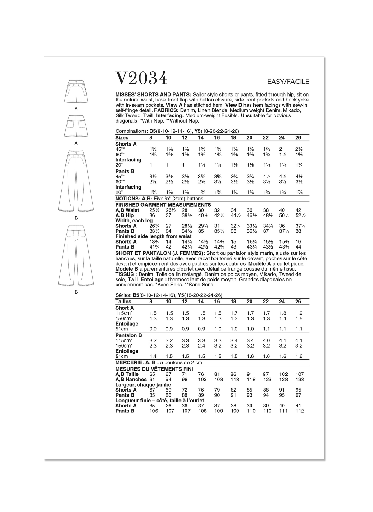 Vogue Patterns V2034 sailor shorts and trousers sewing pattern envelope
