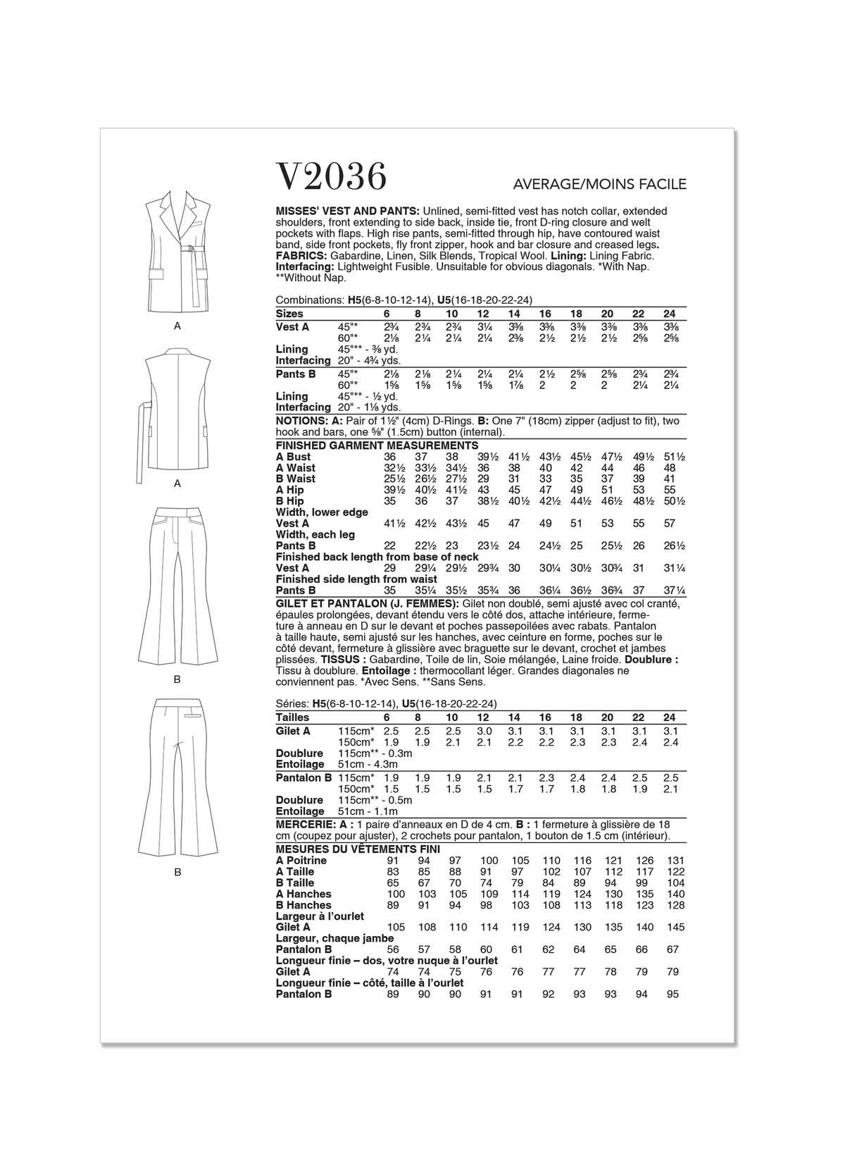 Vogue Patterns V2036 unlined waistcoat sewing pattern envelope