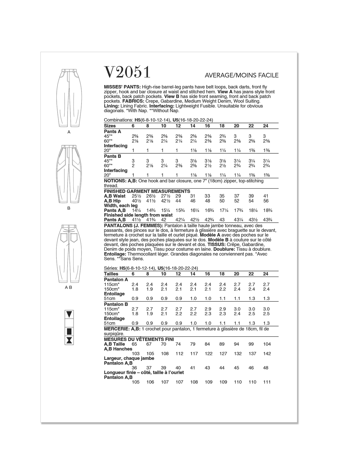 Vogue Patterns V2051 pattern envelope showing high-rise barrel-leg trousers