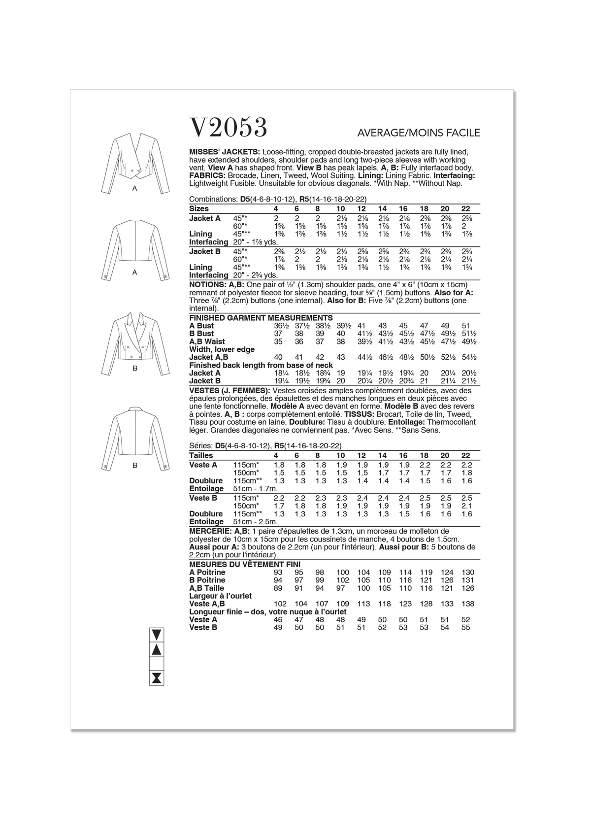 Vogue Patterns V2053 pattern envelope showing a cropped double-breasted jacket